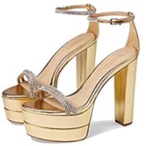SCHUTZ Women's Fabienne 143mm Gold Metallic Rhinestone Platform Sandals NWOB